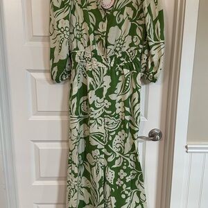 Umgee Green and Cream Floral Long Sleeve - Wide legged Pantsuit